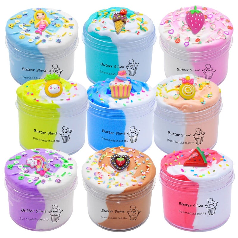 KMBTQRE Butter Slime Kit Two-Toned 9 Packed for Girl Boys Party Favors Toys  Stocking Stuffers for Kids 6 7 8 9 10 11 12 Years Old - Image 1